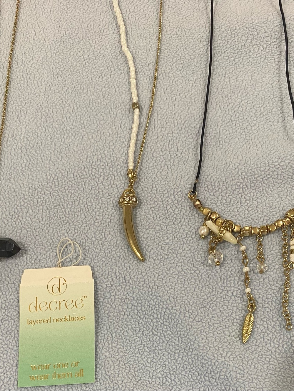 Decree Gold Layered Necklace with Cream Beaded Strand and Horn Pendant
